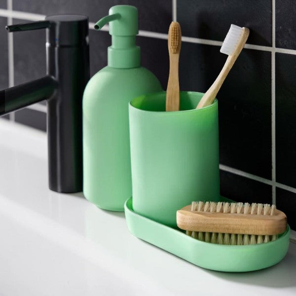 Light Green Bathroom Accessory Set with Soap Dispenser and Toothbrush Holder