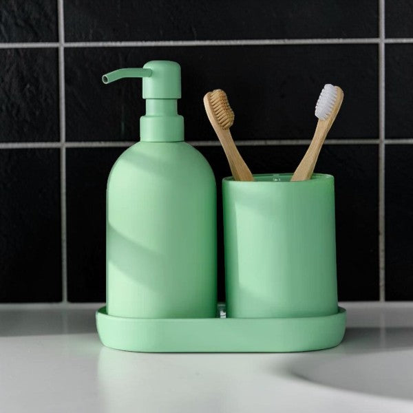 Light Green Bathroom Accessory Set with Soap Dispenser and Toothbrush Holder