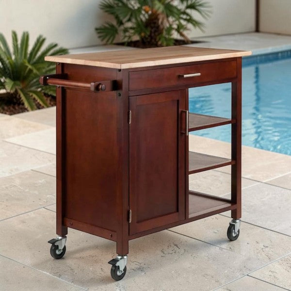 Kitchen Rolling Cart with Wood Top, Storage Shelves and Cabinet