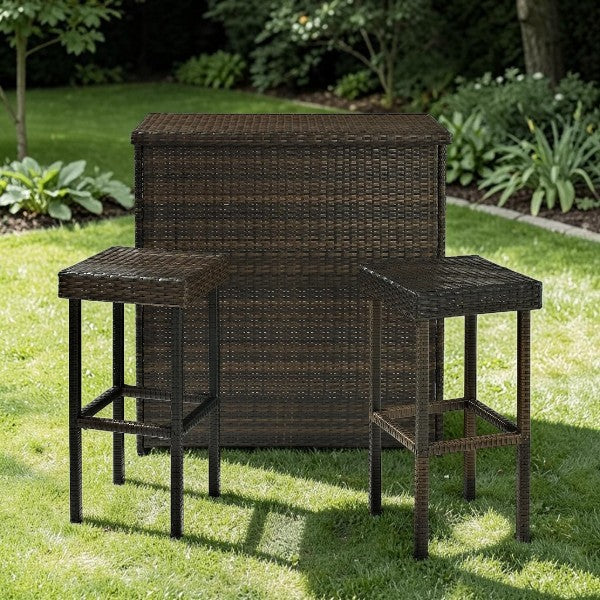 Outdoor Wicker Bar Table Set with Storage Shelf and Two Stools