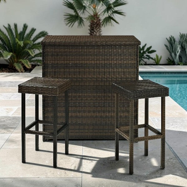 Outdoor Wicker Bar Table Set with Storage Shelf and Two Stools