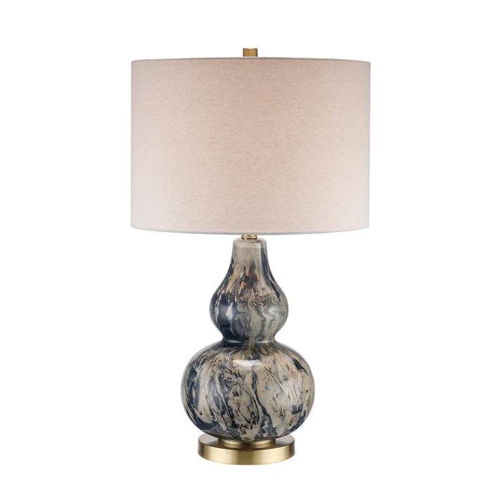 Blue Glass Base, Table Lamp with Fabric Drum Shade