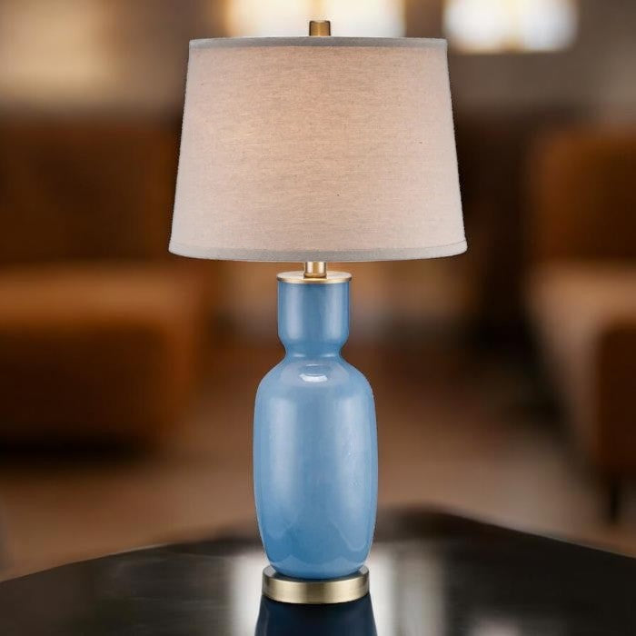Glossy Blue Ceramic Table Lamp with Neutral Shade