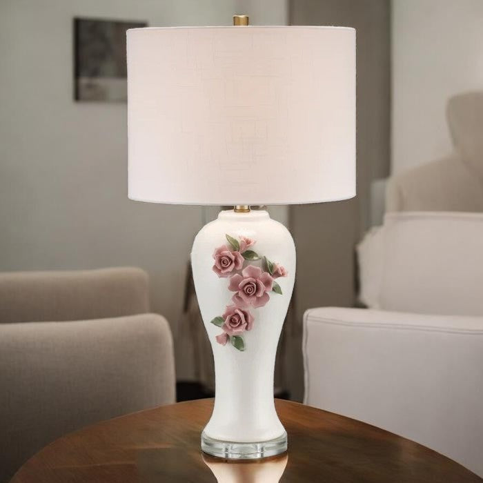 Floral Ceramic Base, Table Lamp with Fabric Shade