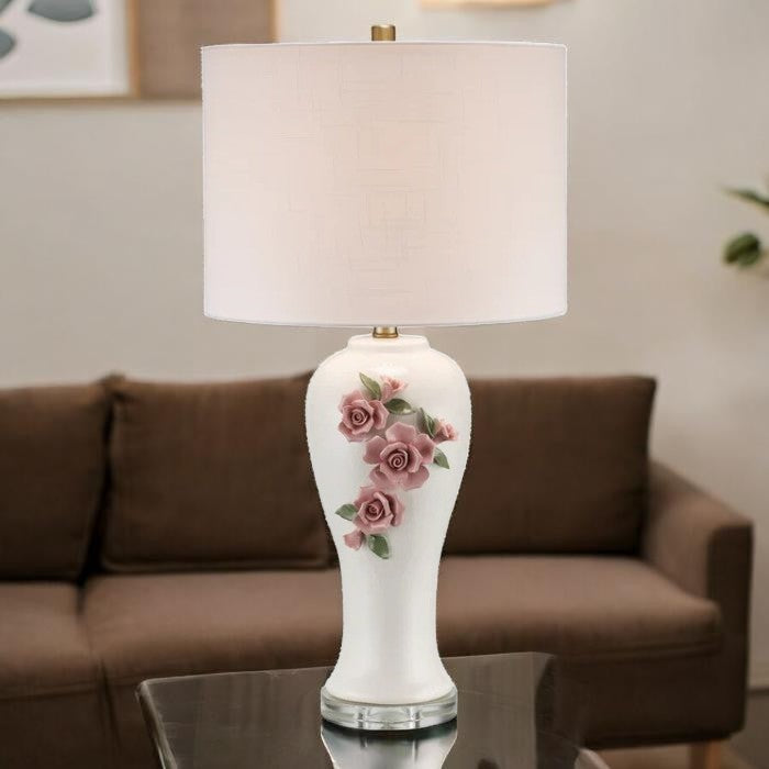 Floral Ceramic Base, Table Lamp with Fabric Shade