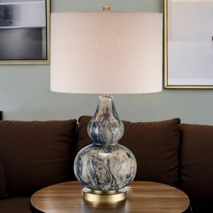 Blue Glass Base, Table Lamp with Fabric Drum Shade