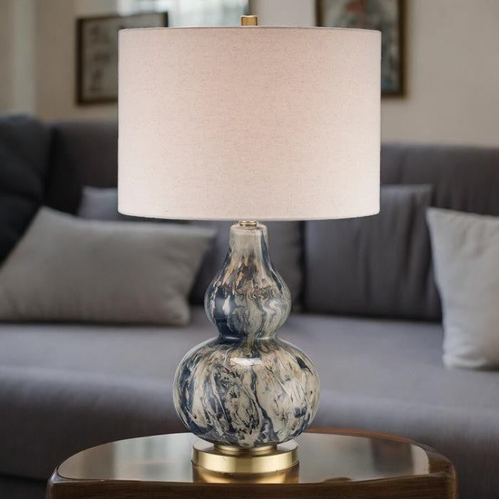 Blue Glass Base, Table Lamp with Fabric Drum Shade