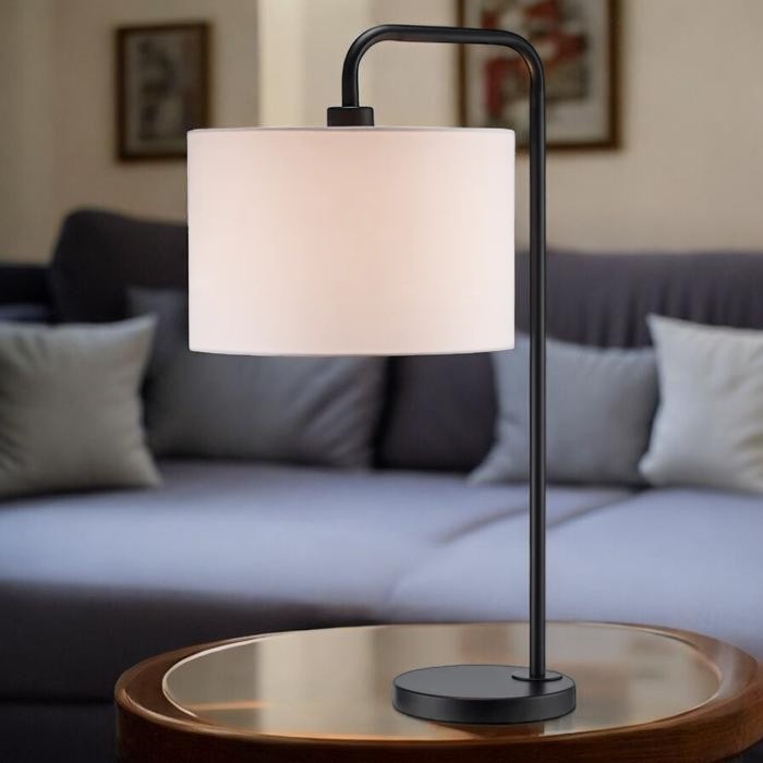 Modern Black Metal Table Lamp with Fabric Drum Shade
