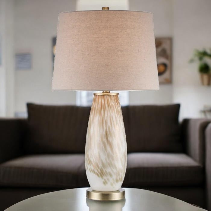 Amber Glass Base, Table Lamp with Fabric Drum Shade