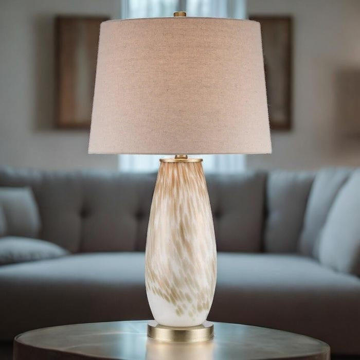 Amber Glass Base, Table Lamp with Fabric Drum Shade