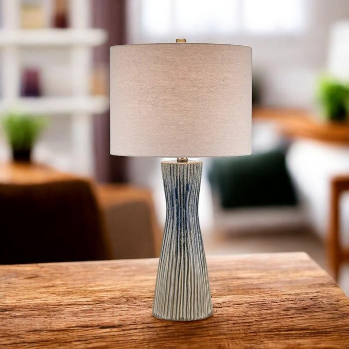 Textured Blue Ceramic Table Lamp with Neutral Shade