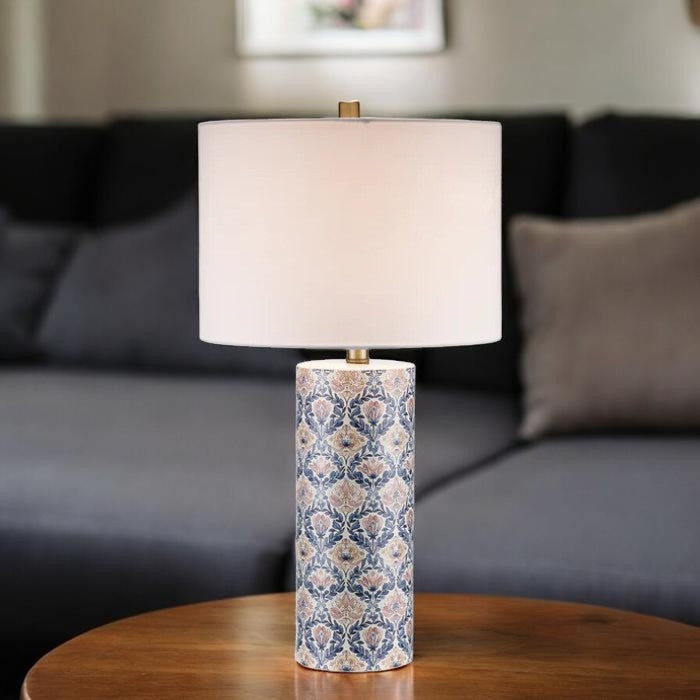 Floral Pattern, Ceramic Table Lamp with Fabric Drum Shade