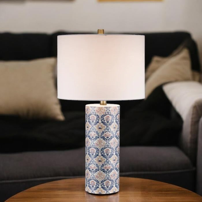 Floral Pattern, Ceramic Table Lamp with Fabric Drum Shade
