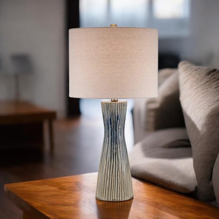 Textured Blue Ceramic Table Lamp with Neutral Shade