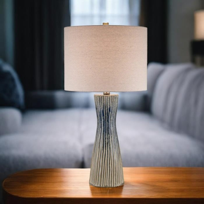 Textured Blue Ceramic Table Lamp with Neutral Shade