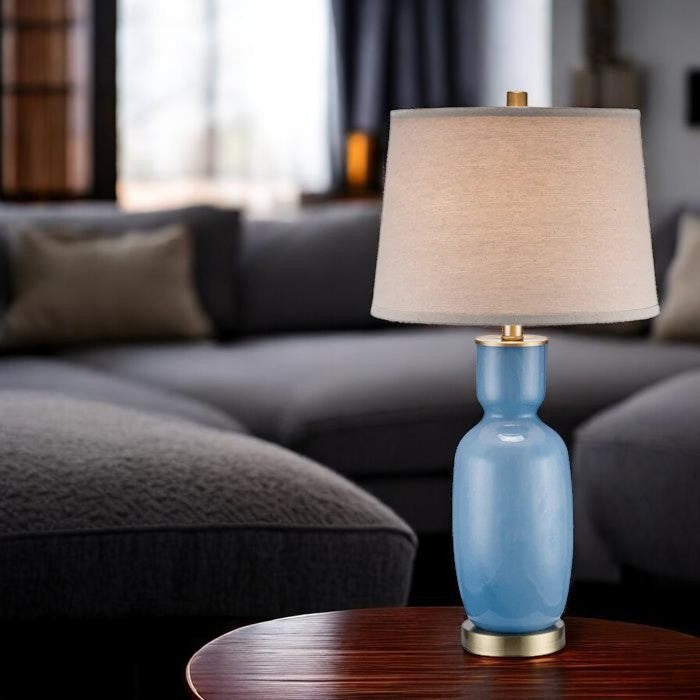 Glossy Blue Ceramic Table Lamp with Neutral Shade