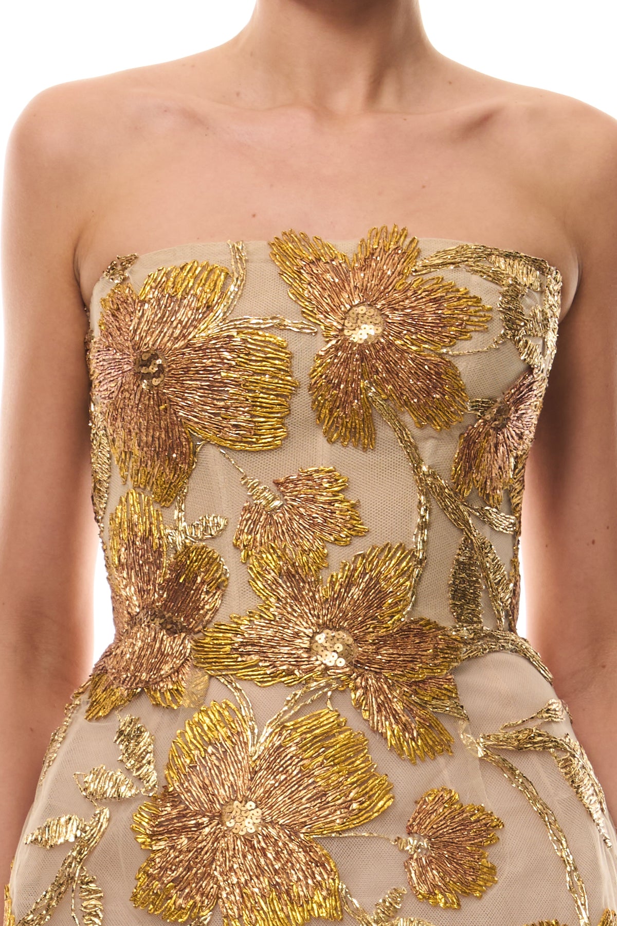 Monique Lhuillier Spring 2026 Gold/Multi Metallic Raffia FloralEmbroidered Tulle strapless sculpted mini cocktail dress - fabric.