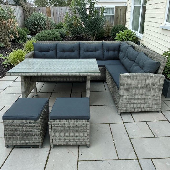 6 Piece Outdoor Wicker Sectional Sofa Set with Glass Top Table and Ottomans