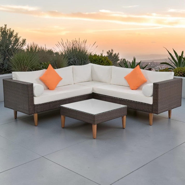 4 Piece Outdoor L Shaped Wicker Patio Sofa Set with Cushions and Coffee Table