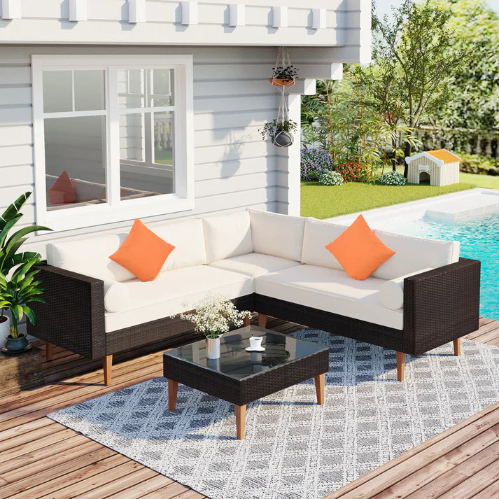4 Piece Outdoor L Shaped Wicker Patio Sofa Set with Cushions and Coffee Table