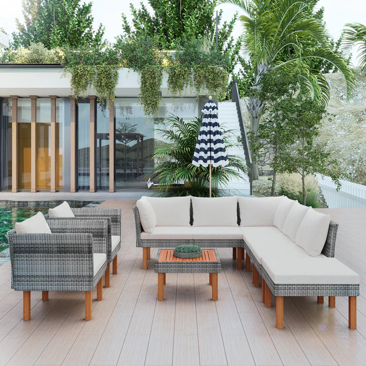 Outdoor Wicker Sectional Sofa Set with Coffee Table and Cushions