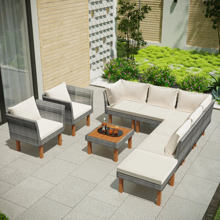 Outdoor Wicker Sectional Sofa Set with Coffee Table and Cushions