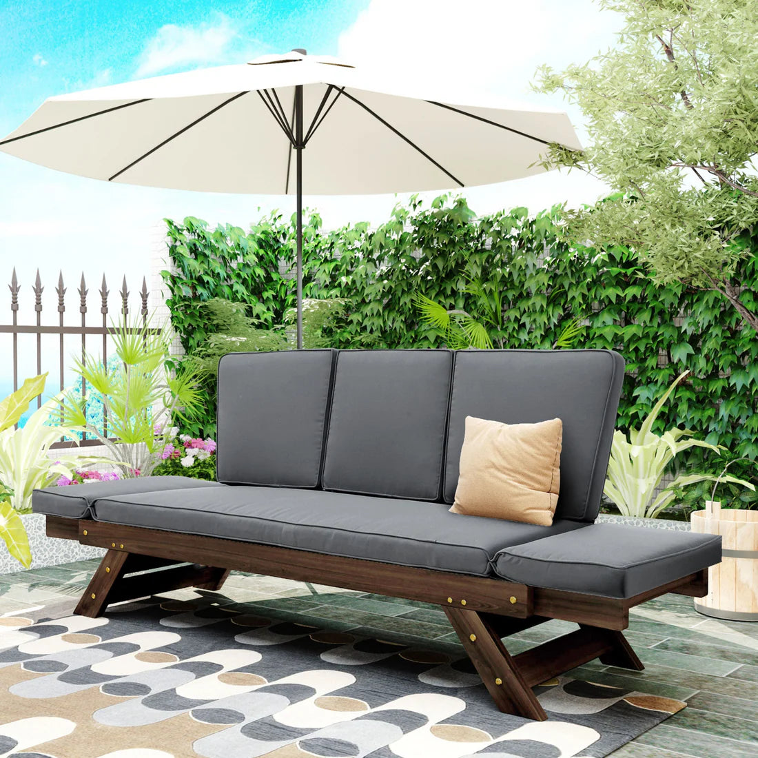 Outdoor Wooden Convertible Daybed Sofa with Cushions
