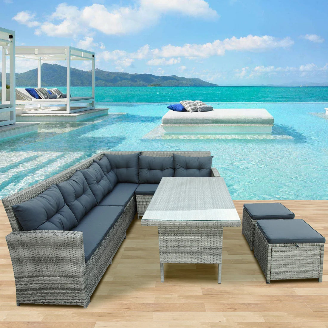 6 Piece Outdoor Wicker Sectional Sofa Set with Glass Top Table and Ottomans