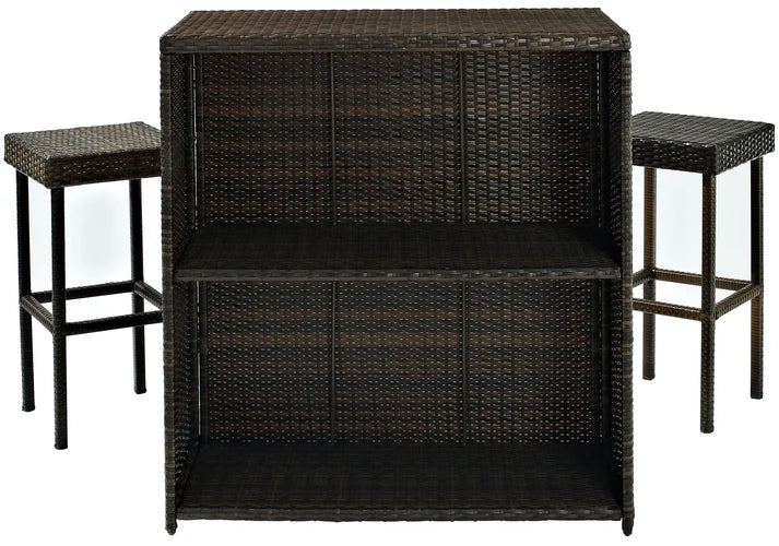 Outdoor Wicker Bar Table Set with Storage Shelf and Two Stools