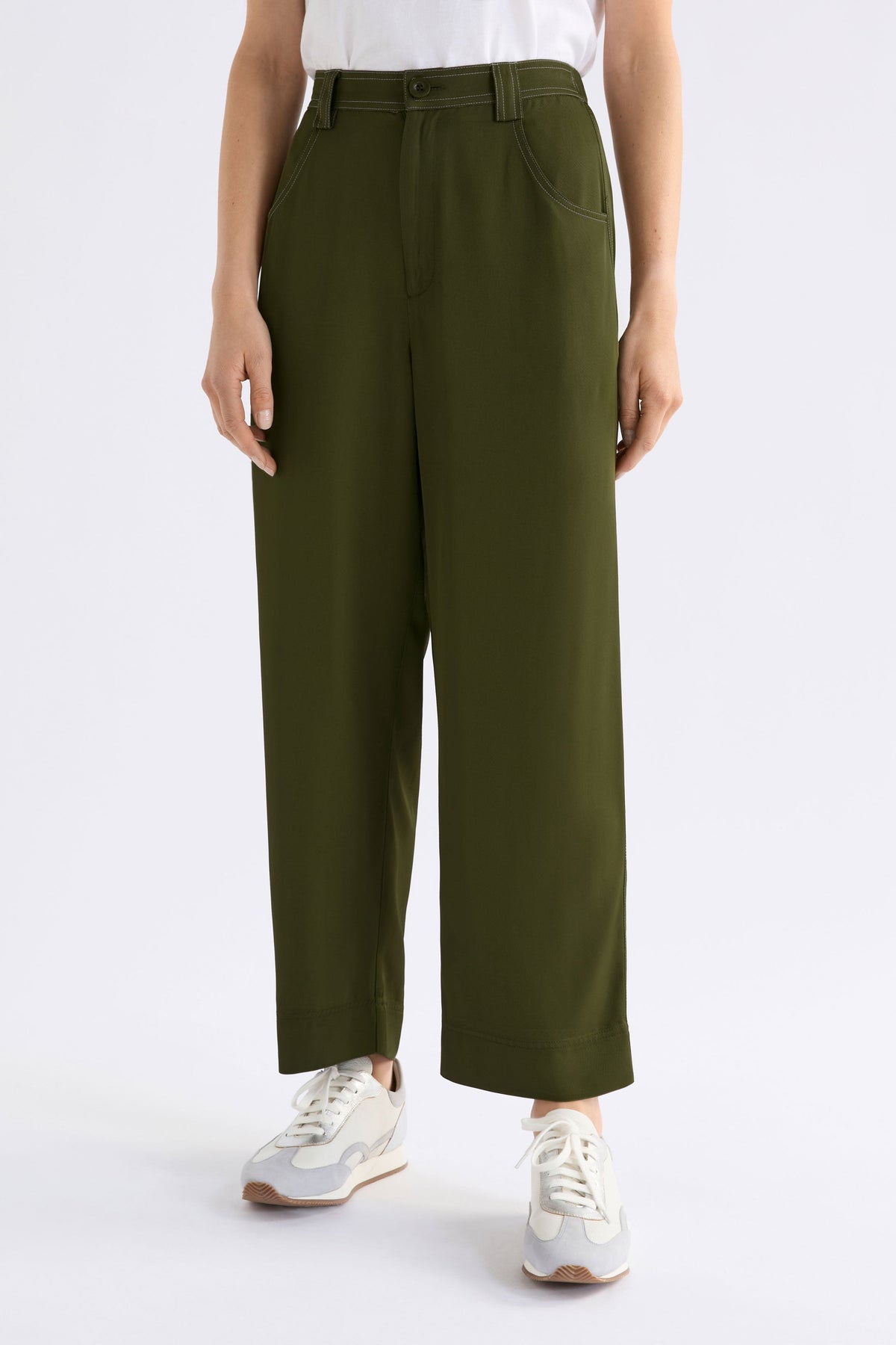 Hullu Mid Rise Contrast Top-Stitch Straight Leg Pant Model Front crop | BRIGHT OLIVE