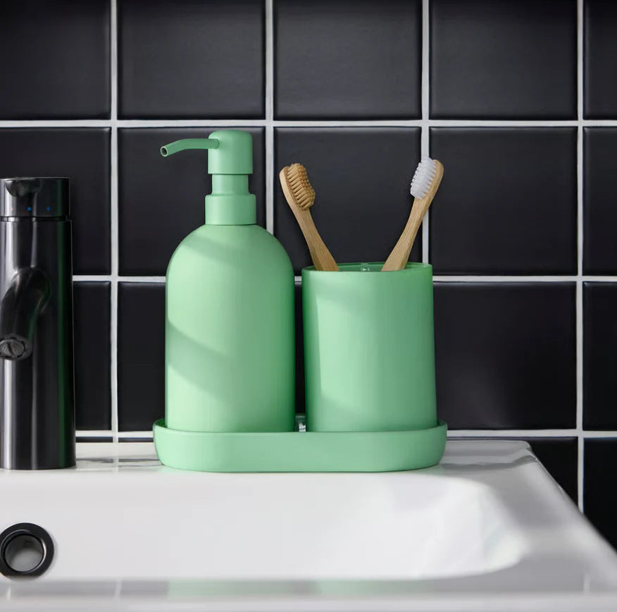 Light Green Bathroom Accessory Set with Soap Dispenser and Toothbrush Holder