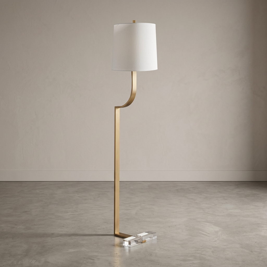 C-Shaped Antique Brass Floor Lamp with Fabric Shade, Floor Lamp