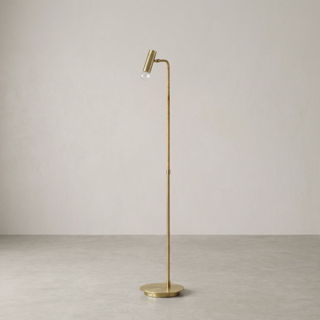 Antique Brass Floor Lamp with Rattan Wrapped Detail, Floor Lamp