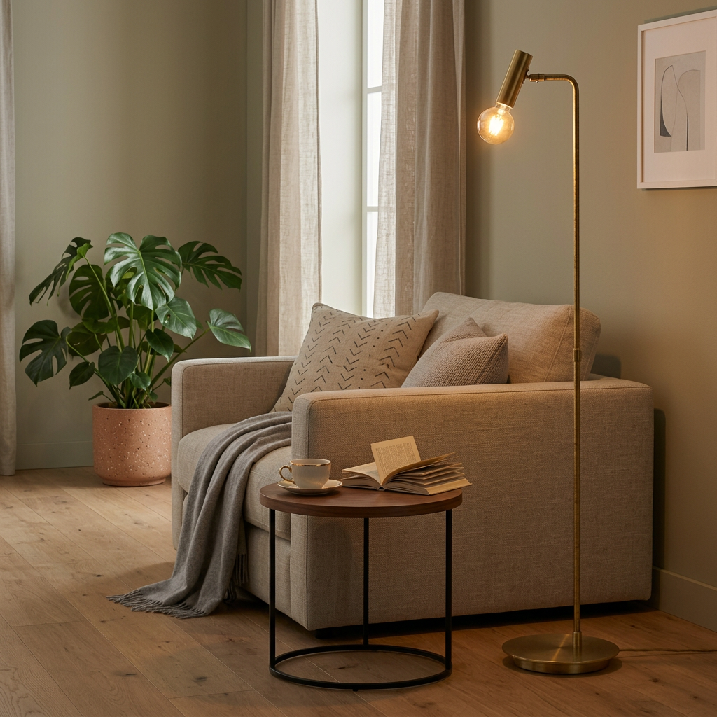 Antique Brass Floor Lamp with Rattan Wrapped Detail, Floor Lamp