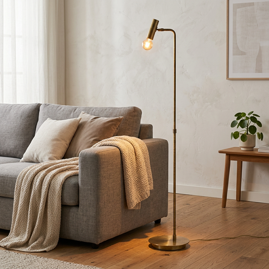 Antique Brass Floor Lamp with Rattan Wrapped Detail, Floor Lamp