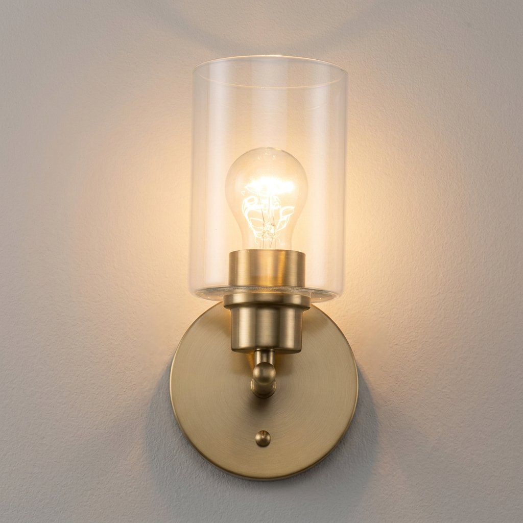Antique Gold Wall Light, Clear Glass Cylinder, Wall Light