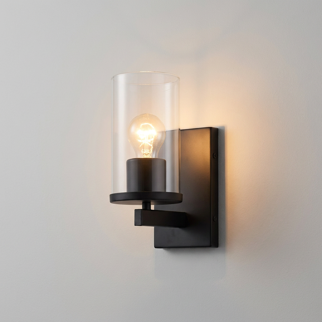 Black Wall Light, Clear Glass Cylinder Shade, Wall Light
