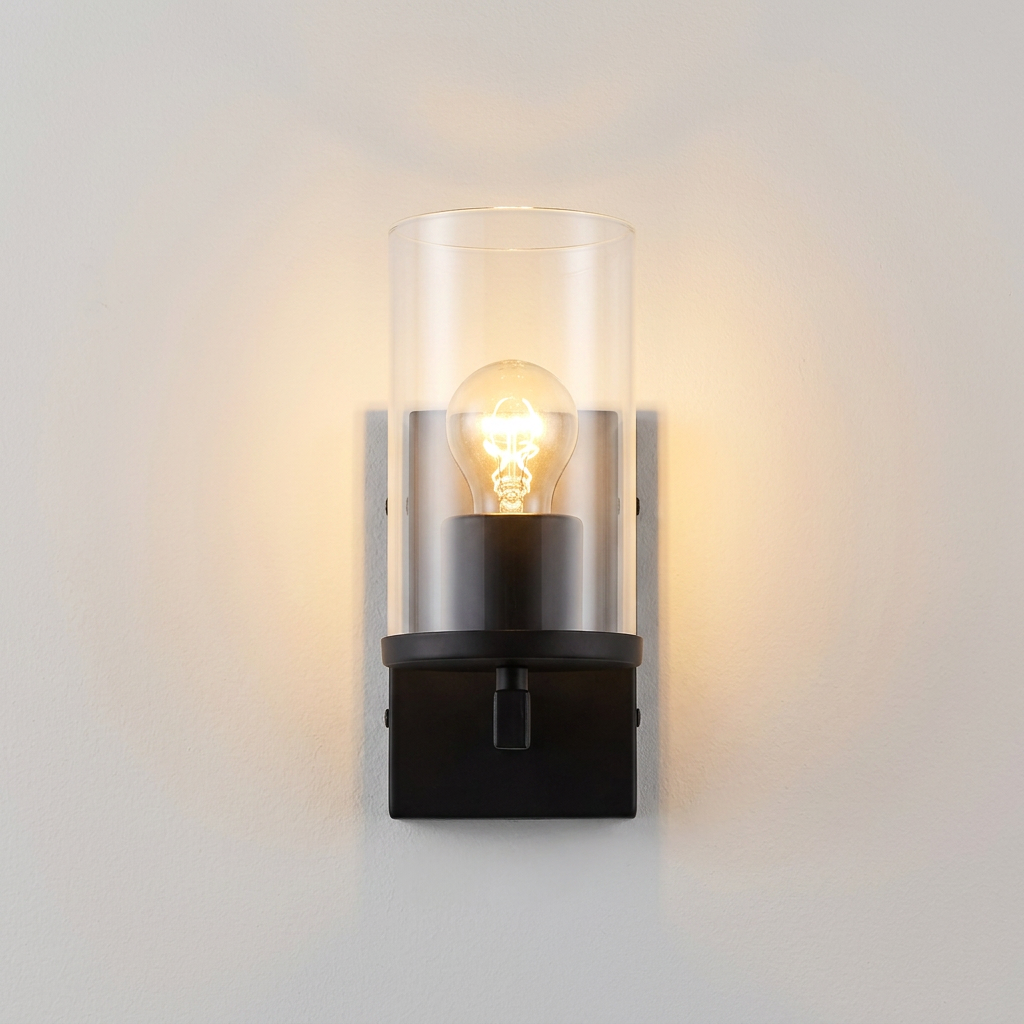Black Wall Light, Clear Glass Cylinder Shade, Wall Light