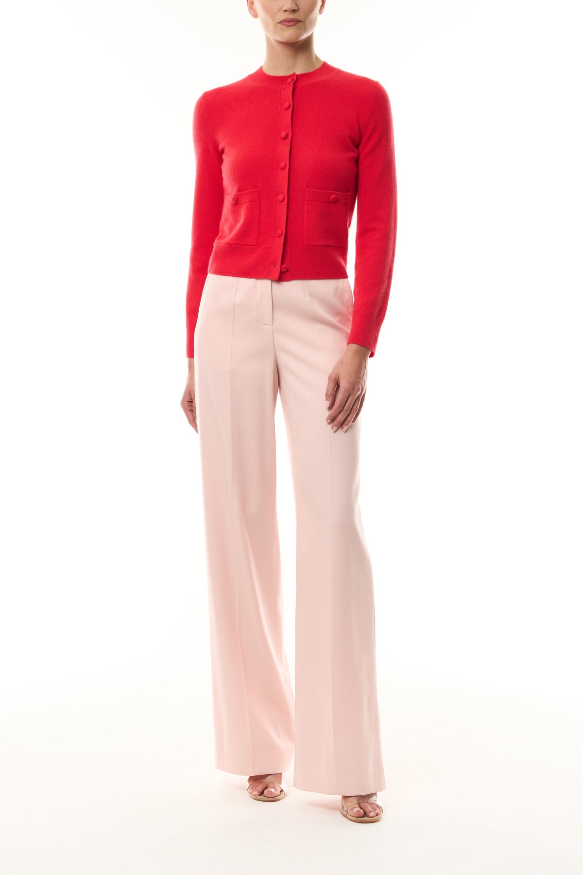 Monique Lhuillier Spring 2026 long sleeve Poppy Cashmere Cardigan with pockets and button front closure- front.