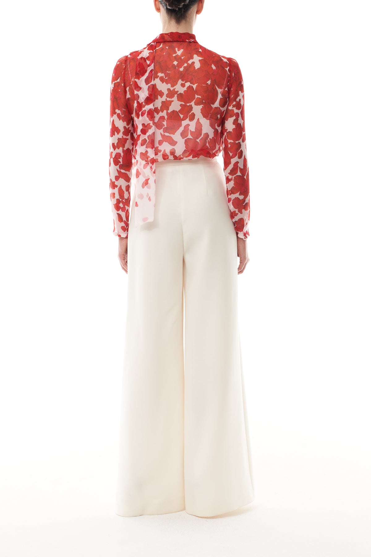 Monique Lhuillier Fall 2025 Candy/Multi Rose Petal Printed Chiffon scarf neck blouse- back.