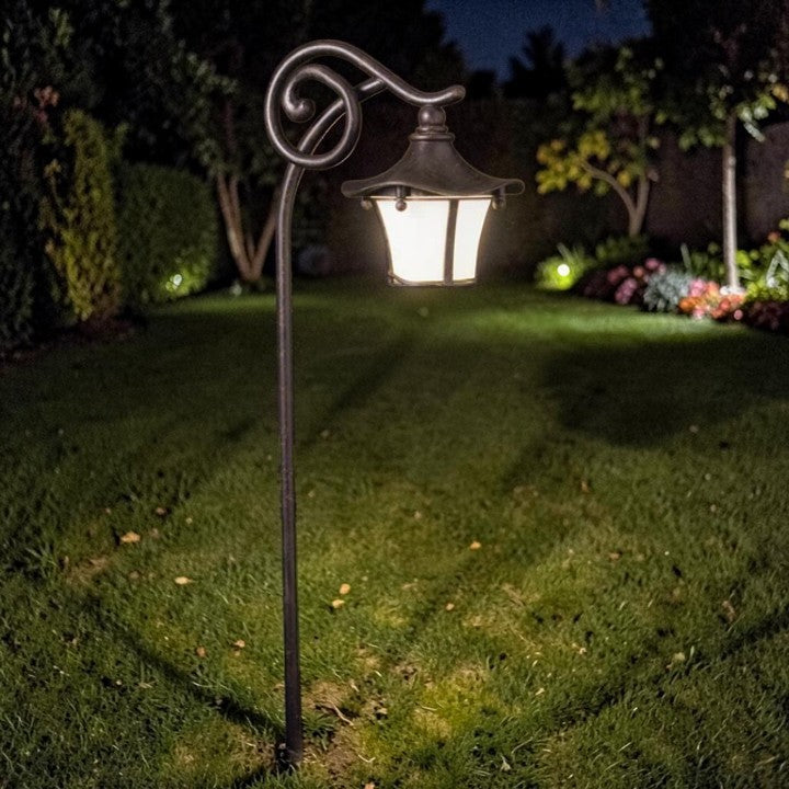 Lantern Style Path Light, Curved Stem Bronze Finish, Garden Lighting