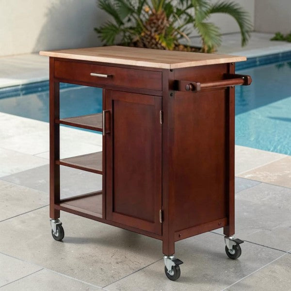 Kitchen Rolling Cart with Wood Top, Storage Shelves and Cabinet