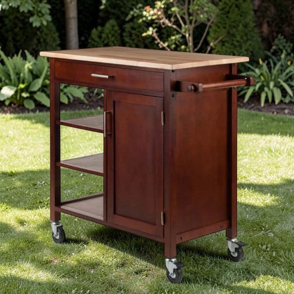 Kitchen Rolling Cart with Wood Top, Storage Shelves and Cabinet