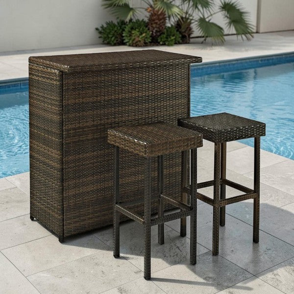 Outdoor Wicker Bar Table Set with Storage Shelf and Two Stools