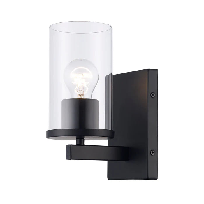 Black Wall Light, Clear Glass Cylinder Shade, Wall Light