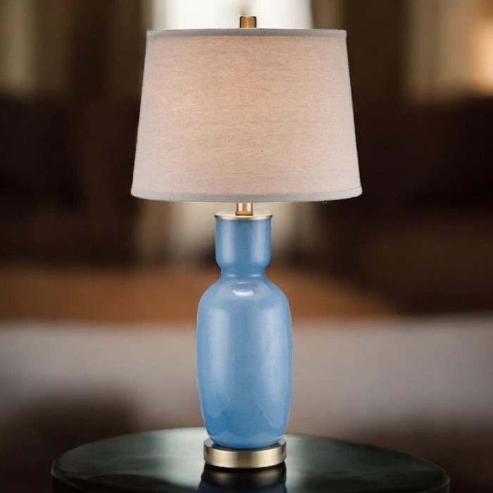 Glossy Blue Ceramic Table Lamp with Neutral Shade