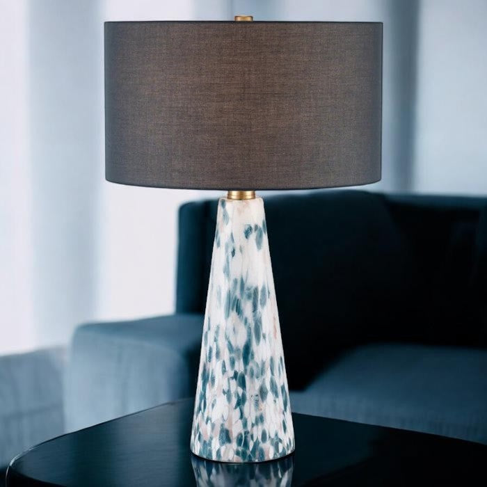 Patterned Green Glass Table Lamp with Black Shade