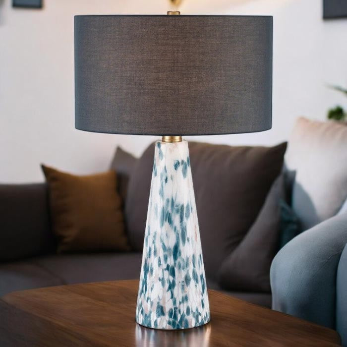 Patterned Green Glass Table Lamp with Black Shade