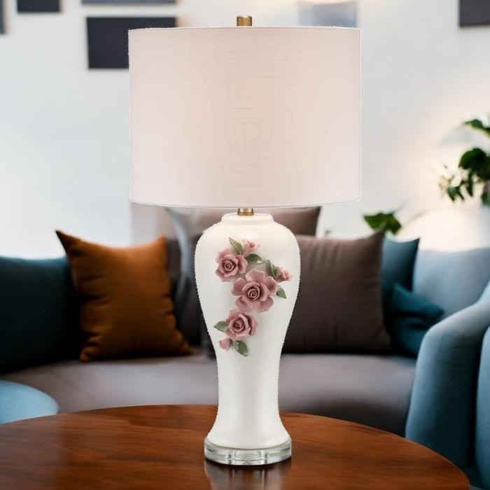 Floral Ceramic Base, Table Lamp with Fabric Shade