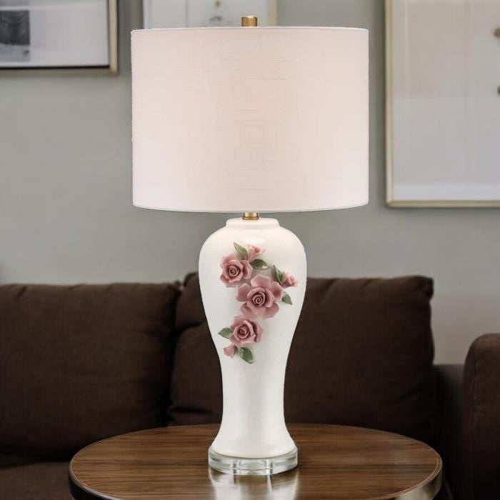 Floral Ceramic Base, Table Lamp with Fabric Shade